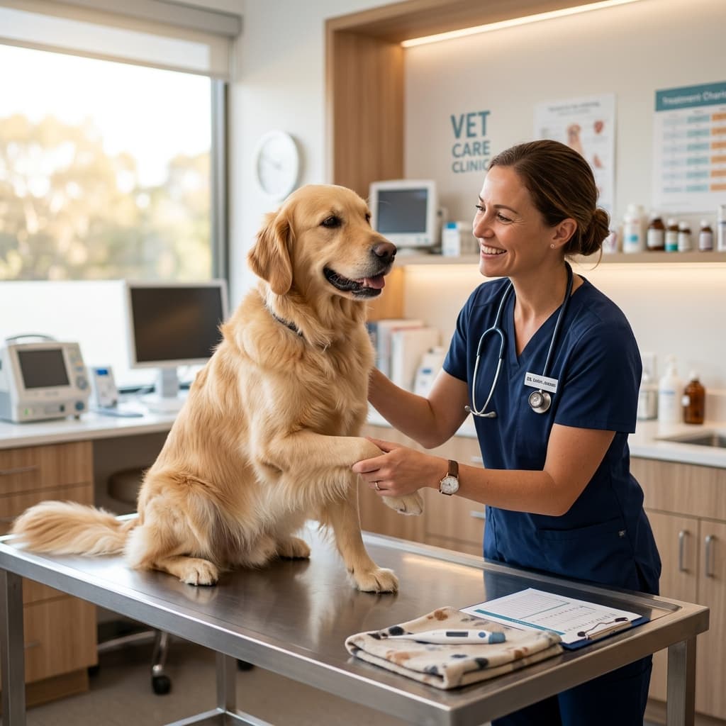 Médico veterinário cuidando carinhosamente de um Golden Retriever