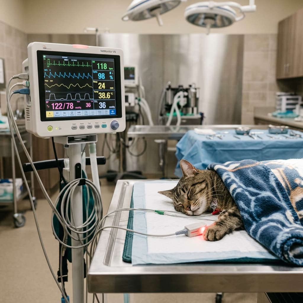 Monitor multiparamétrico veterinário exibindo sinais cardíacos